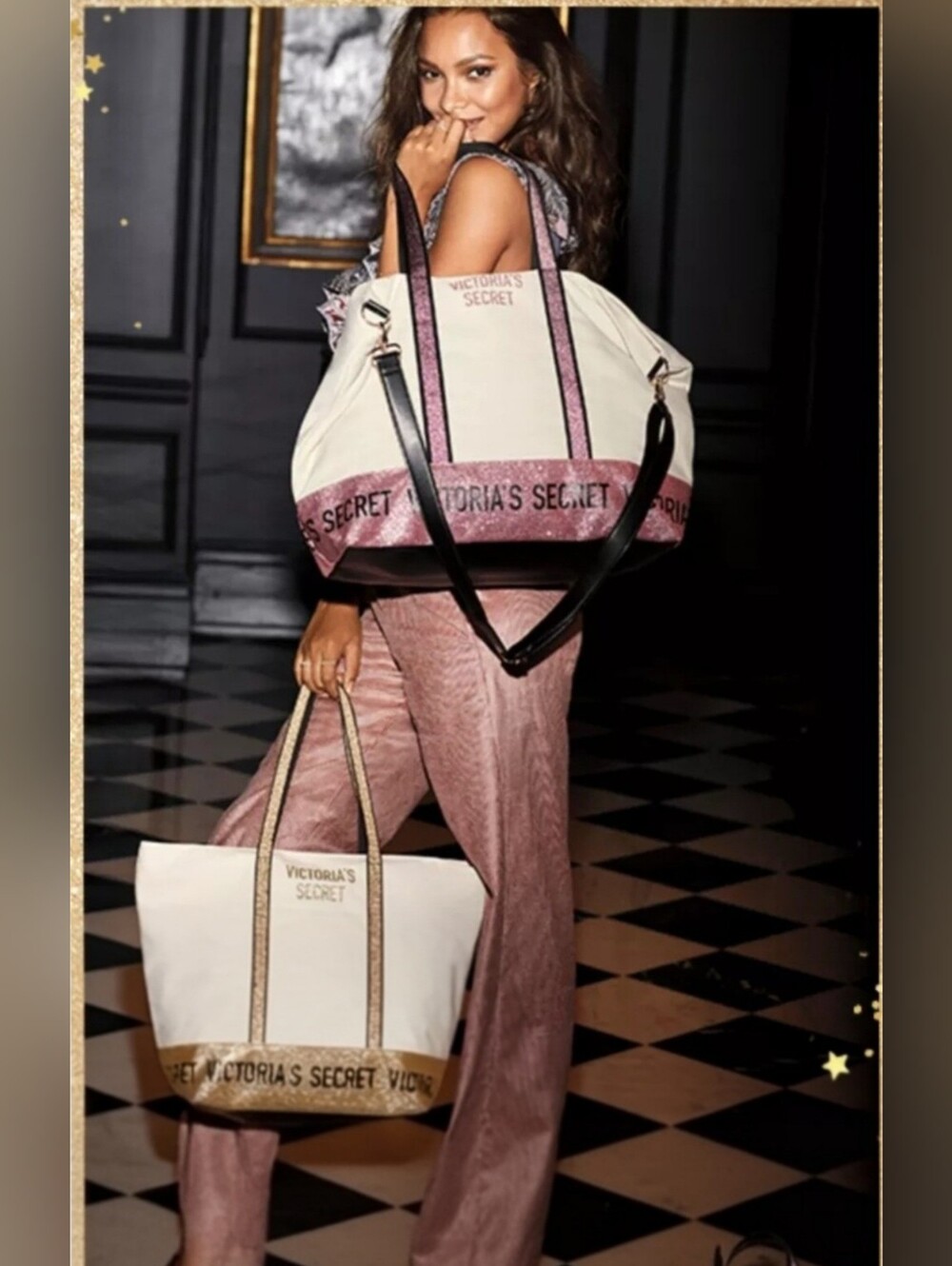 Victoria's Secret Gold & Pink Sparkle Tote & Weekender Bags